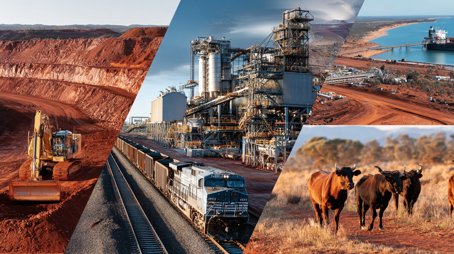 Illustration of mining, processing, logistics and agriculture, the sectors the group operates in.